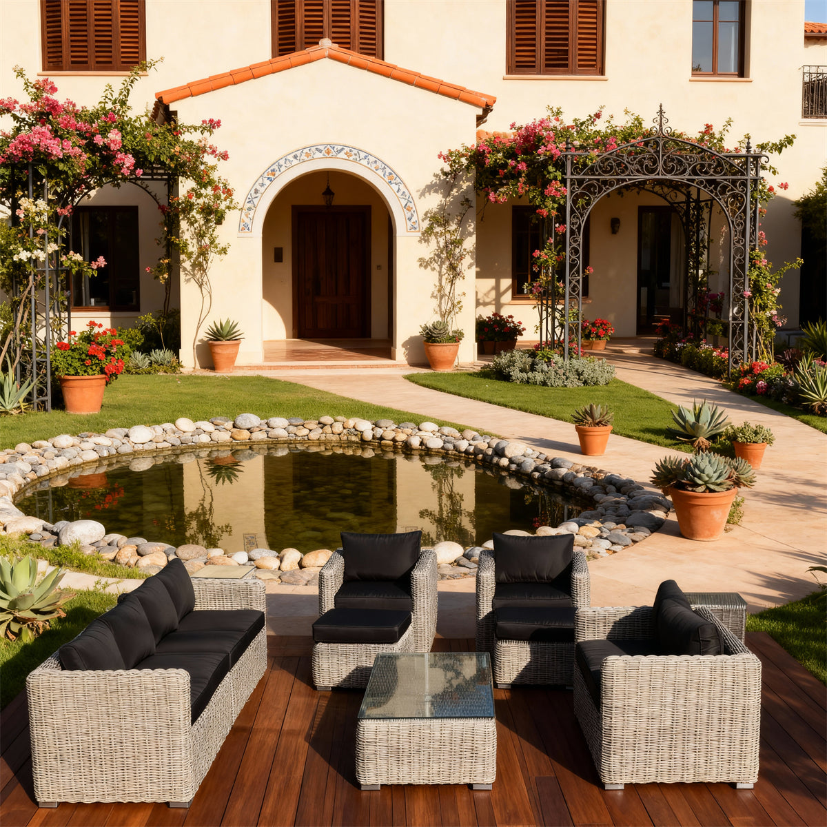 Light Grey Wicker Outdoor Lounge Set with Black Cushions & Glass Coffee Table – Stylish Patio Furniture