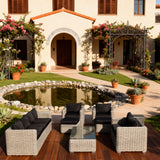 SFTZ2597 Light Grey Wicker Outdoor Lounge Set with Black Cushions & Glass Coffee Table – Stylish Patio Furniture