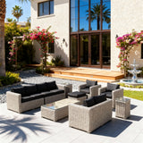 SFTZ2597 Light Grey Wicker Outdoor Lounge Set with Black Cushions & Glass Coffee Table – Stylish Patio Furniture