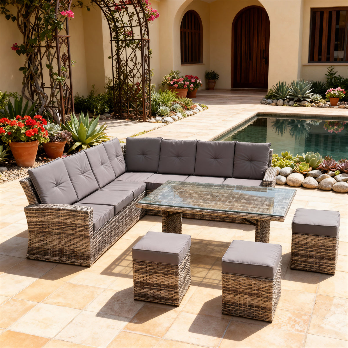 Mixed Grey Wicker L - Shaped Outdoor Dining & Lounge Set with Dark Grey Cushions, Glass Dining Table & Storage Ottomans – Stylish Patio Furniture