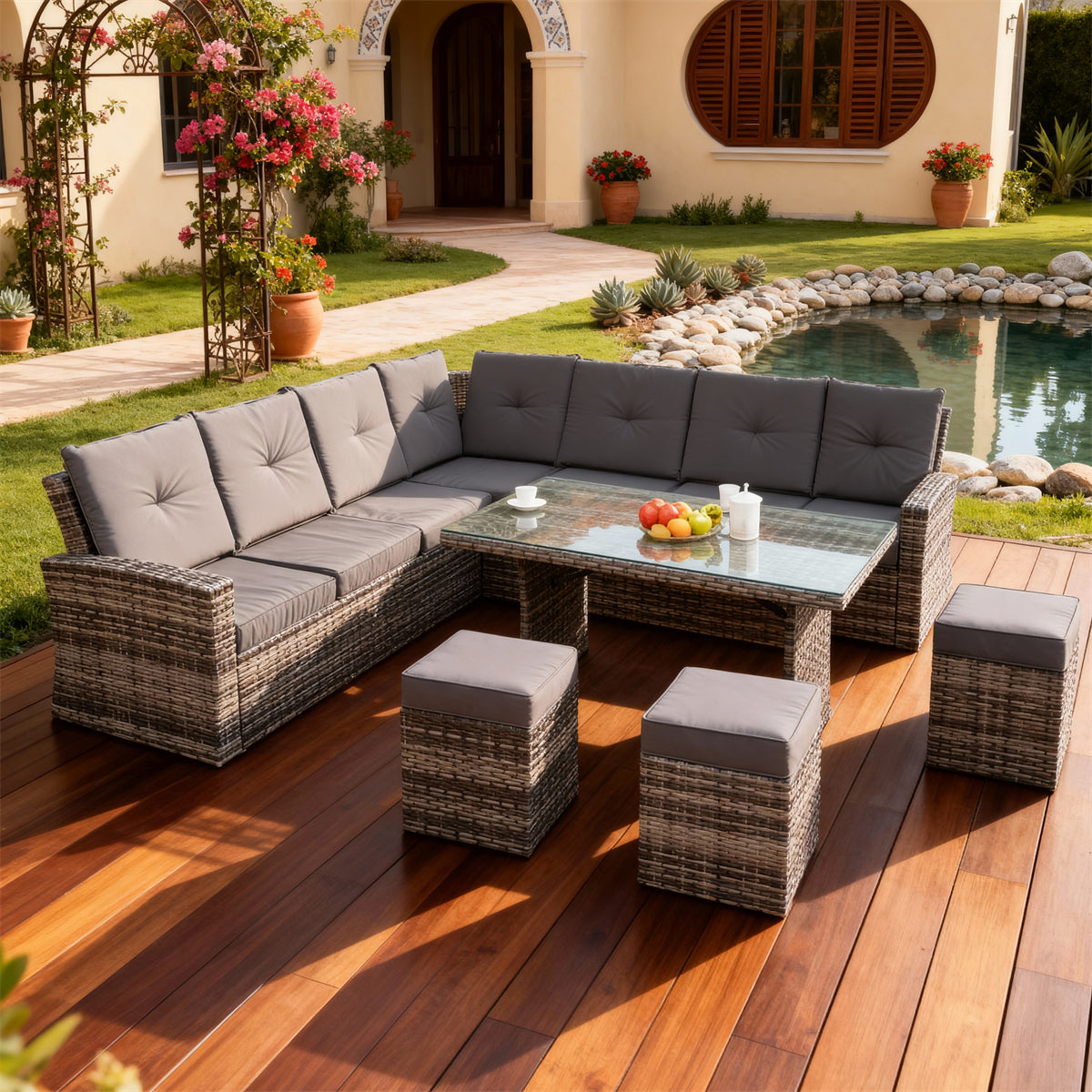 Mixed Grey Wicker L - Shaped Outdoor Dining & Lounge Set with Dark Grey Cushions, Glass Dining Table & Storage Ottomans – Stylish Patio Furniture