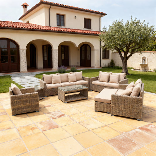 Natural Brown Wicker Large Outdoor Lounge Set with Cream Cushions & Glass Coffee Table – Stylish Patio Furniture