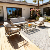 SFTZ2600 Natural Brown Wicker Outdoor Lounge Set with Light Grey Cushions & Artistic Glass Coffee Table – Stylish Patio Furniture