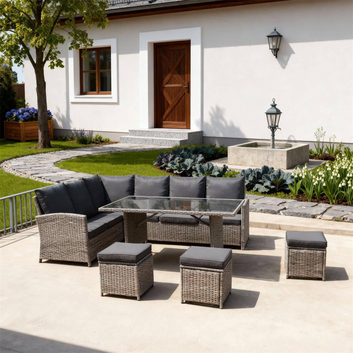 Mixed Grey Wicker L - Shaped Outdoor Dining & Lounge Set with Dark Grey Cushions, Glass Dining Table & Storage Ottomans – Stylish Patio Furniture