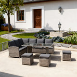 SFTZ2601 Mixed Grey Wicker L - Shaped Outdoor Dining & Lounge Set with Dark Grey Cushions, Glass Dining Table & Storage Ottomans – Stylish Patio Furniture