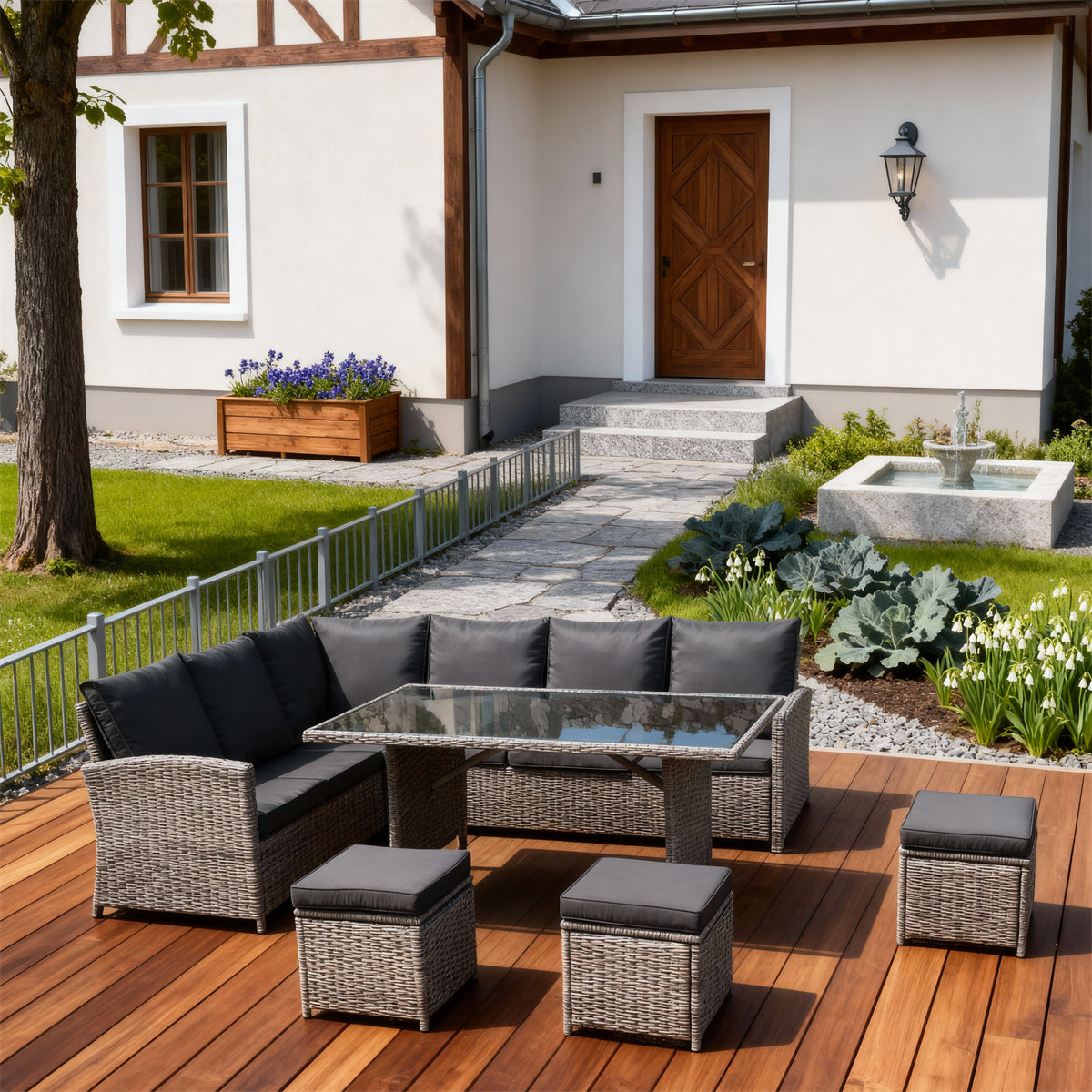 Mixed Grey Wicker L - Shaped Outdoor Dining & Lounge Set with Dark Grey Cushions, Glass Dining Table & Storage Ottomans – Stylish Patio Furniture