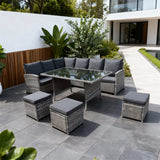 SFTZ2601 Mixed Grey Wicker L - Shaped Outdoor Dining & Lounge Set with Dark Grey Cushions, Glass Dining Table & Storage Ottomans – Stylish Patio Furniture