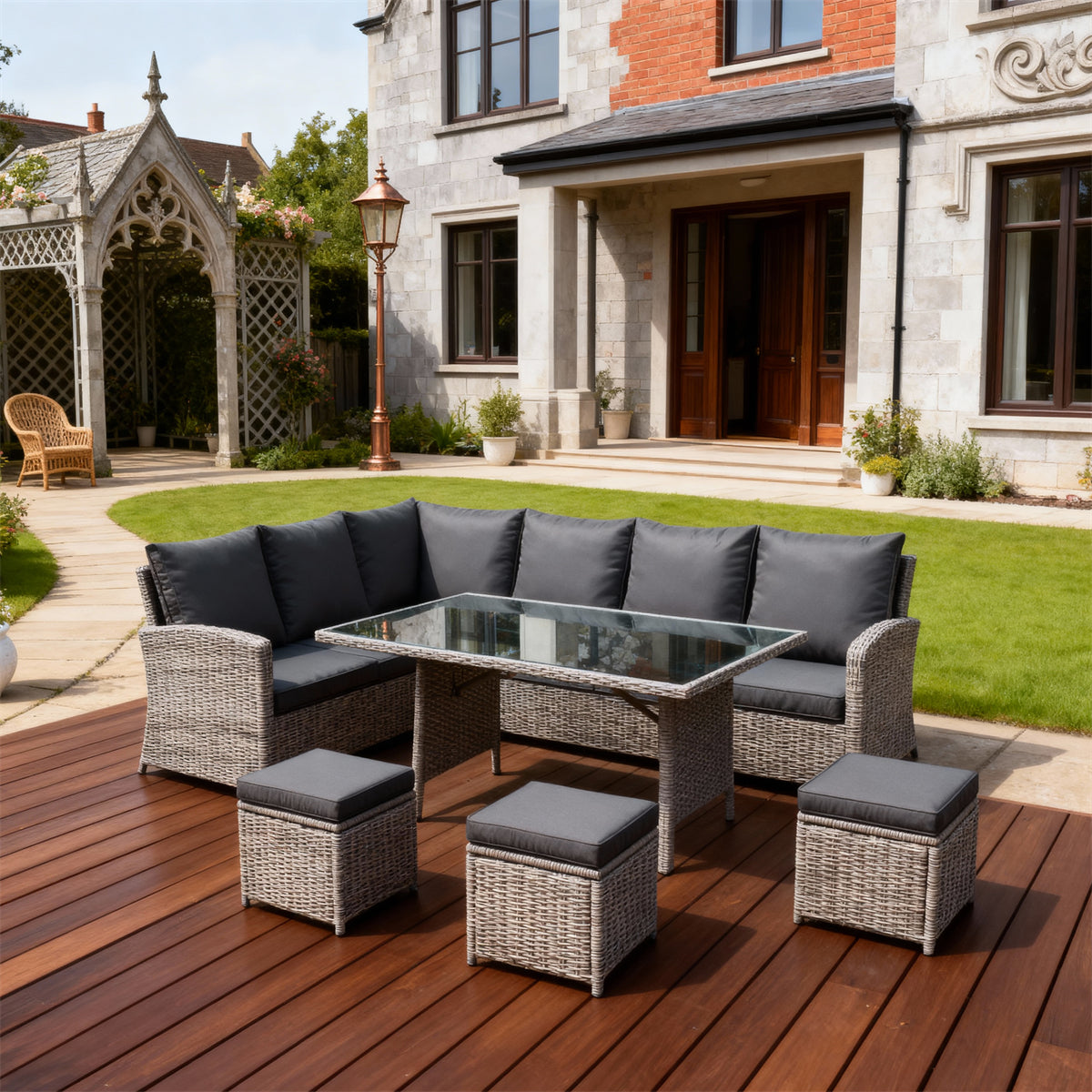 Mixed Grey Wicker L - Shaped Outdoor Dining & Lounge Set with Dark Grey Cushions, Glass Dining Table & Storage Ottomans – Stylish Patio Furniture