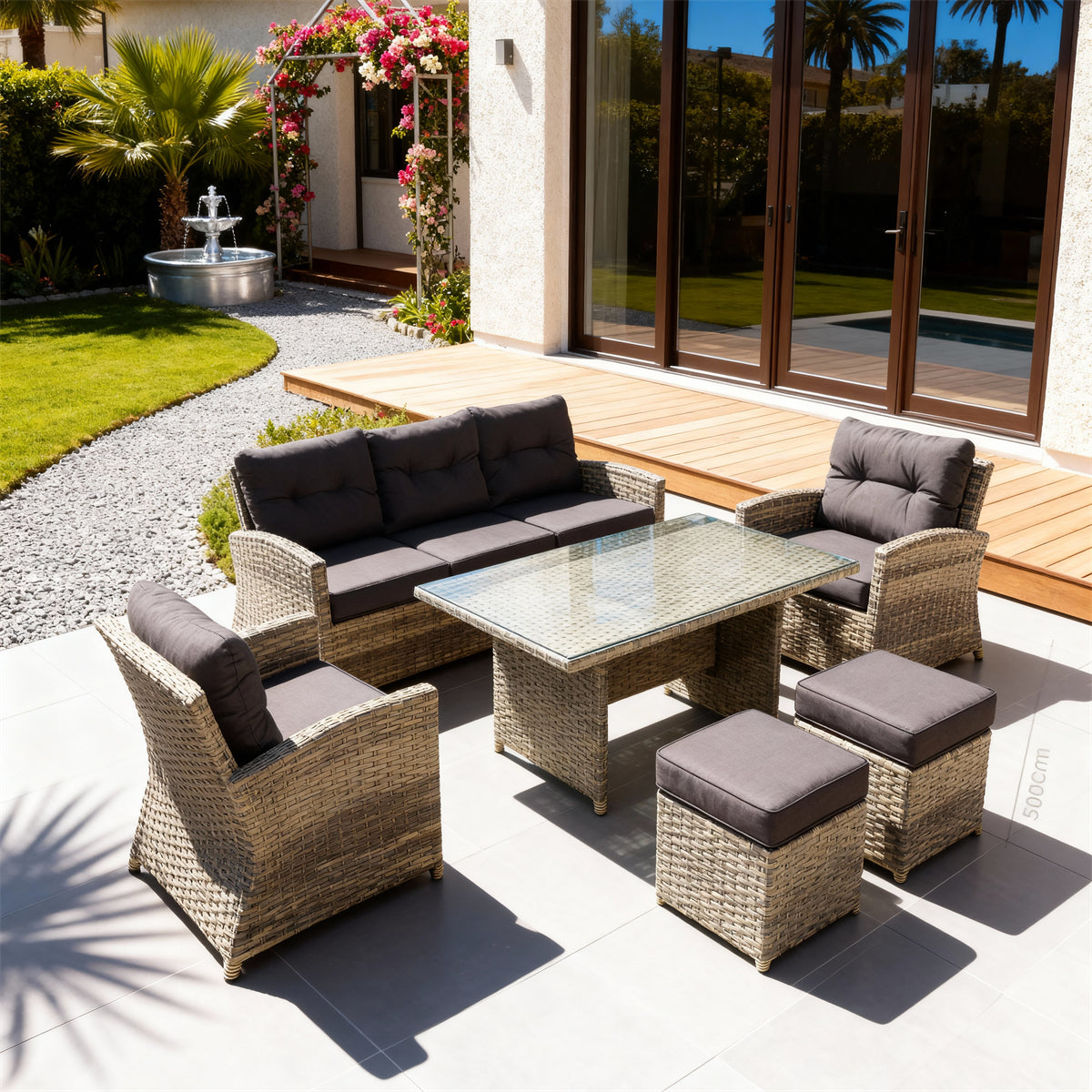 Natural Brown Wicker Outdoor Dining & Lounge Set with Dark Brown Cushions, Glass Dining Table & Storage Ottomans – Stylish Patio Furniture