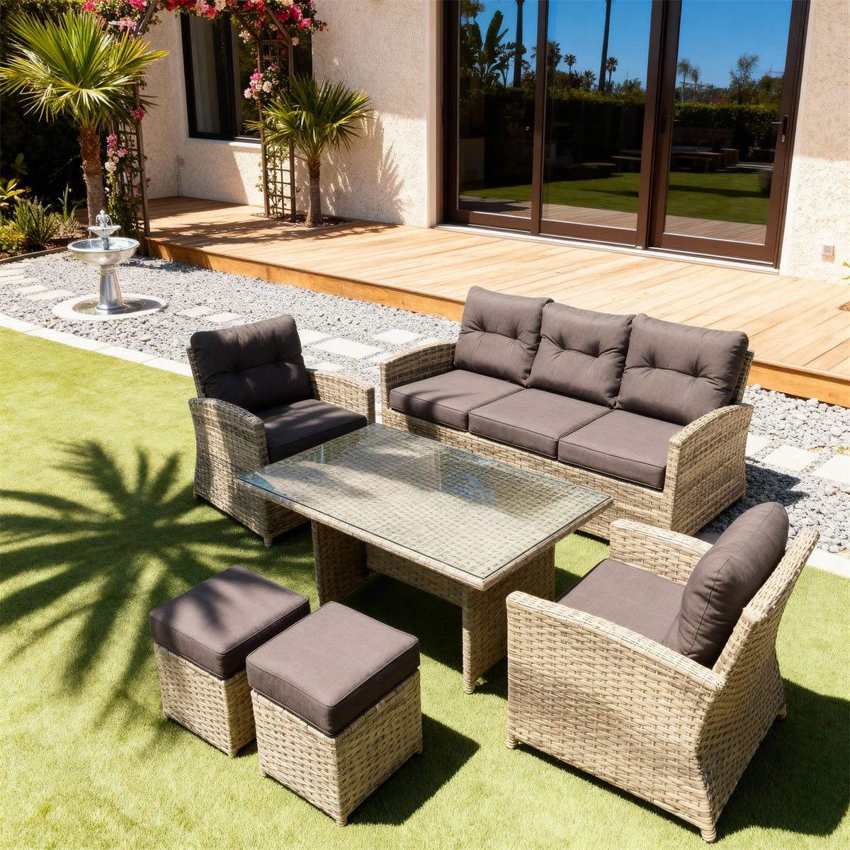 Natural Brown Wicker Outdoor Dining & Lounge Set with Dark Brown Cushions, Glass Dining Table & Storage Ottomans – Stylish Patio Furniture