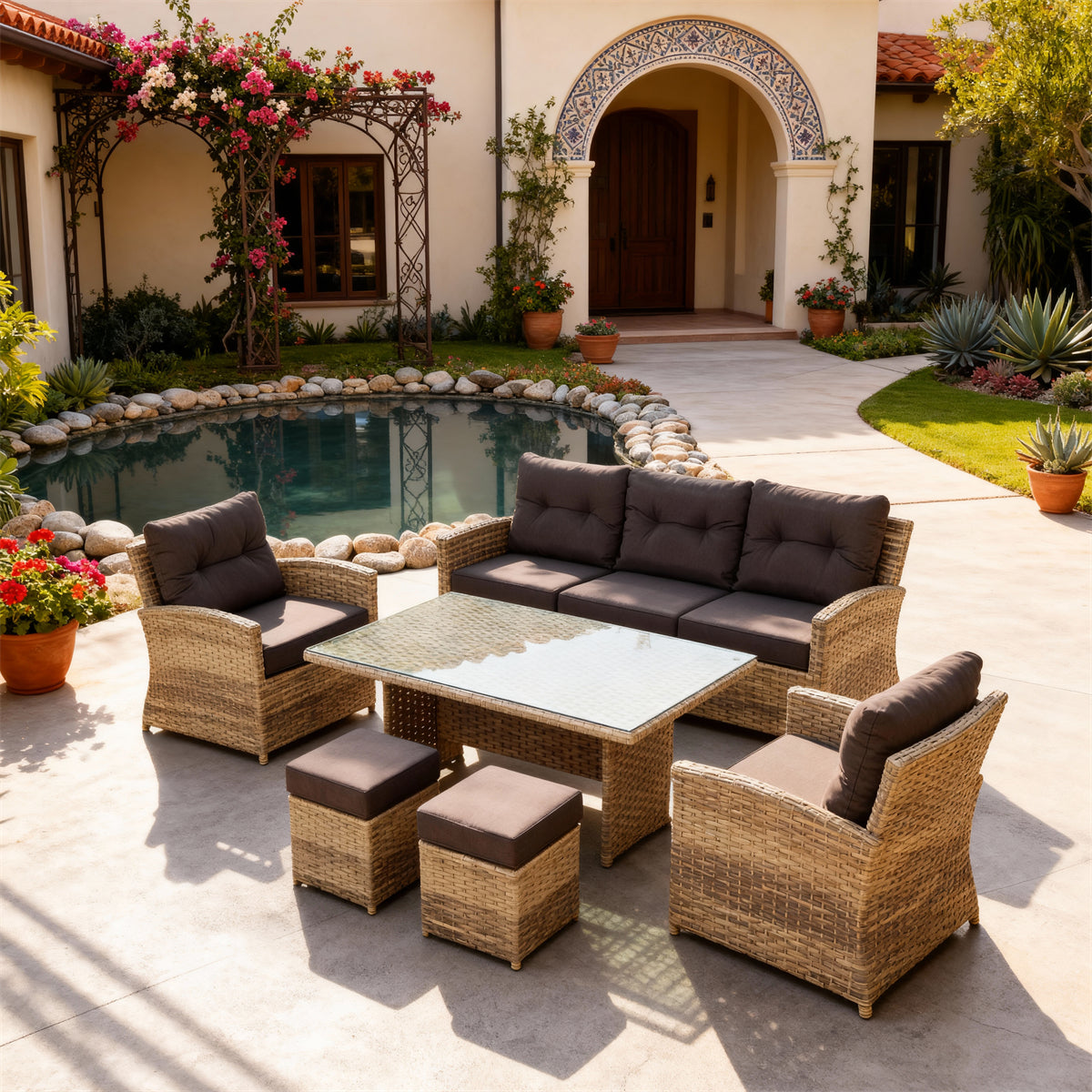 Natural Brown Wicker Outdoor Dining & Lounge Set with Dark Brown Cushions, Glass Dining Table & Storage Ottomans – Stylish Patio Furniture