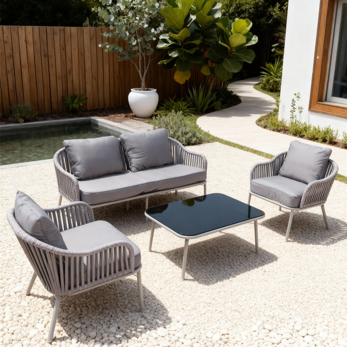 Light Grey Woven Outdoor Lounge Set with Dark Grey Cushions & Black Glass Coffee Table – Stylish Patio Furniture