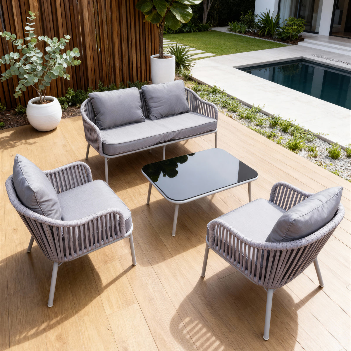 Light Grey Woven Outdoor Lounge Set with Dark Grey Cushions & Black Glass Coffee Table – Stylish Patio Furniture