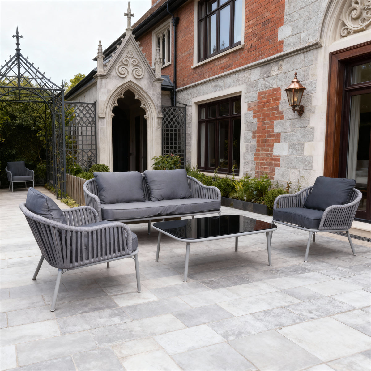 Light Grey Woven Outdoor Lounge Set with Dark Grey Cushions & Black Glass Coffee Table – Stylish Patio Furniture