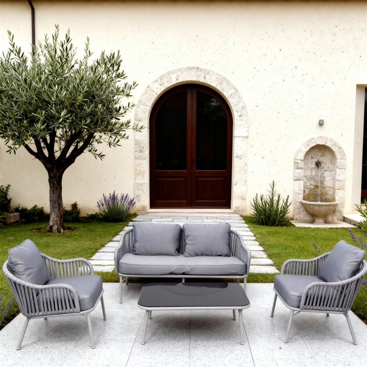 Light Grey Woven Outdoor Lounge Set with Dark Grey Cushions & Black Glass Coffee Table – Stylish Patio Furniture