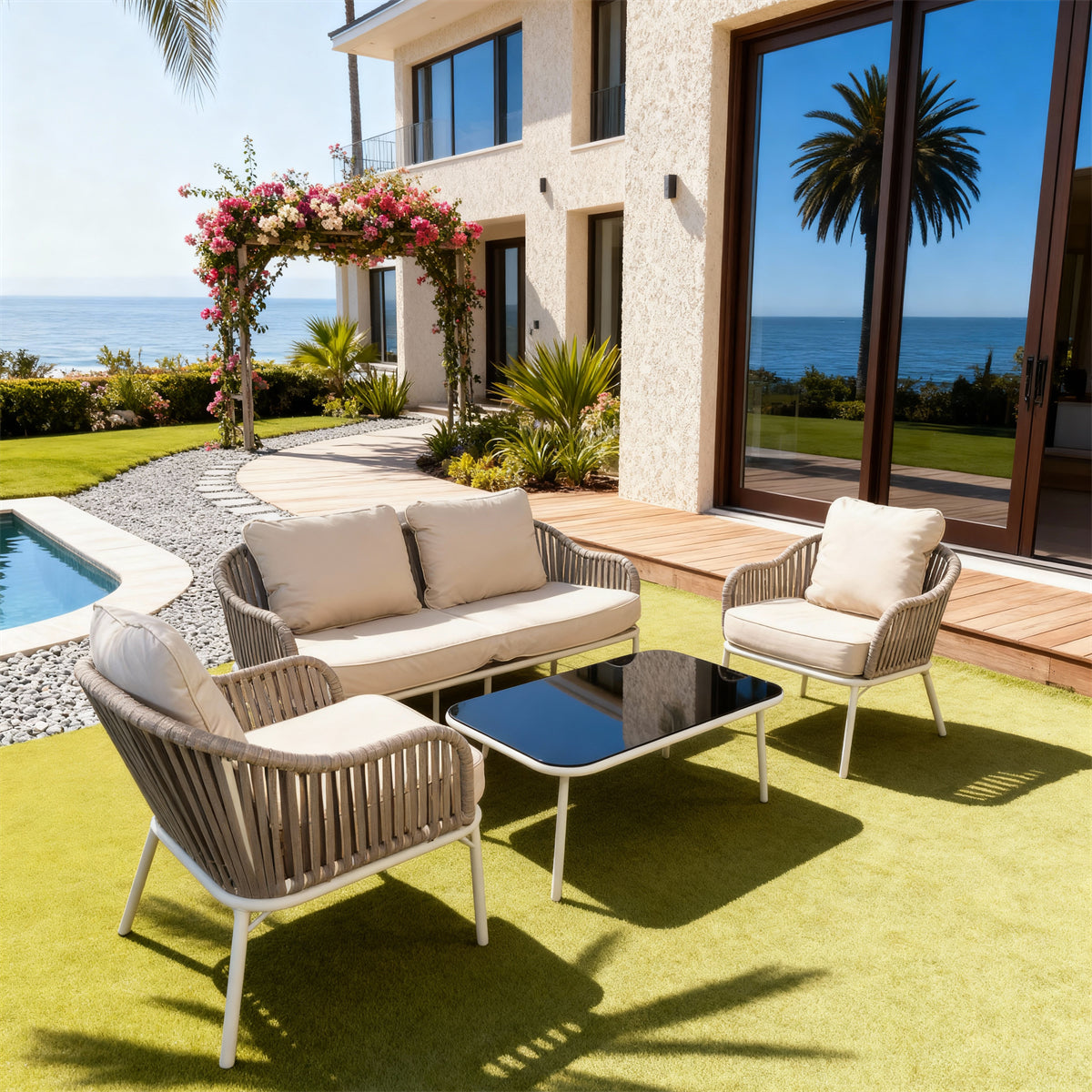 Light Grey Woven Coastal Outdoor Lounge Set with Cream Cushions & Black Glass Coffee Table – Stylish Patio Furniture