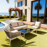 SFTZ260302 Light Grey Woven Coastal Outdoor Lounge Set with Cream Cushions & Black Glass Coffee Table – Stylish Patio Furniture