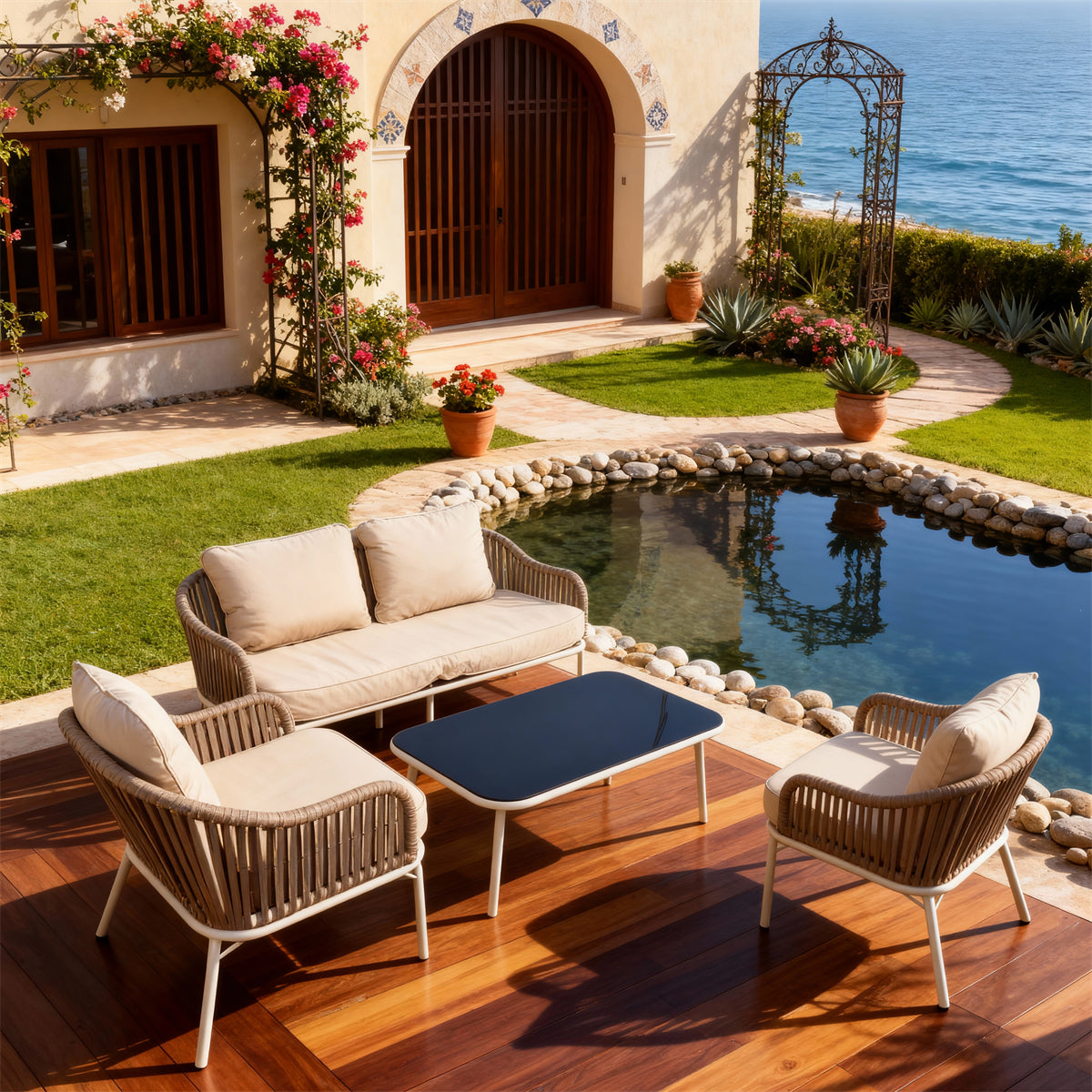 Light Grey Woven Coastal Outdoor Lounge Set with Cream Cushions & Black Glass Coffee Table – Stylish Patio Furniture