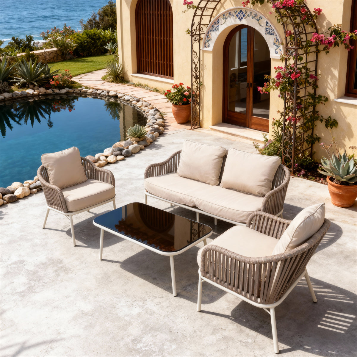 Light Grey Woven Coastal Outdoor Lounge Set with Cream Cushions & Black Glass Coffee Table – Stylish Patio Furniture