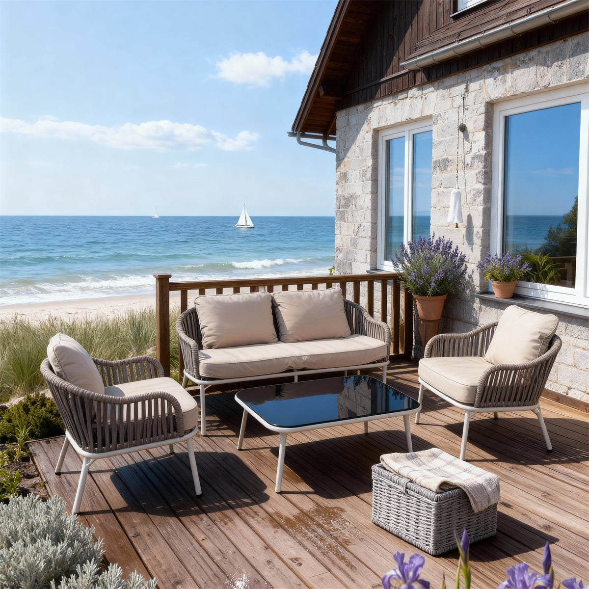 Light Grey Woven Coastal Outdoor Lounge Set with Cream Cushions & Black Glass Coffee Table – Stylish Patio Furniture