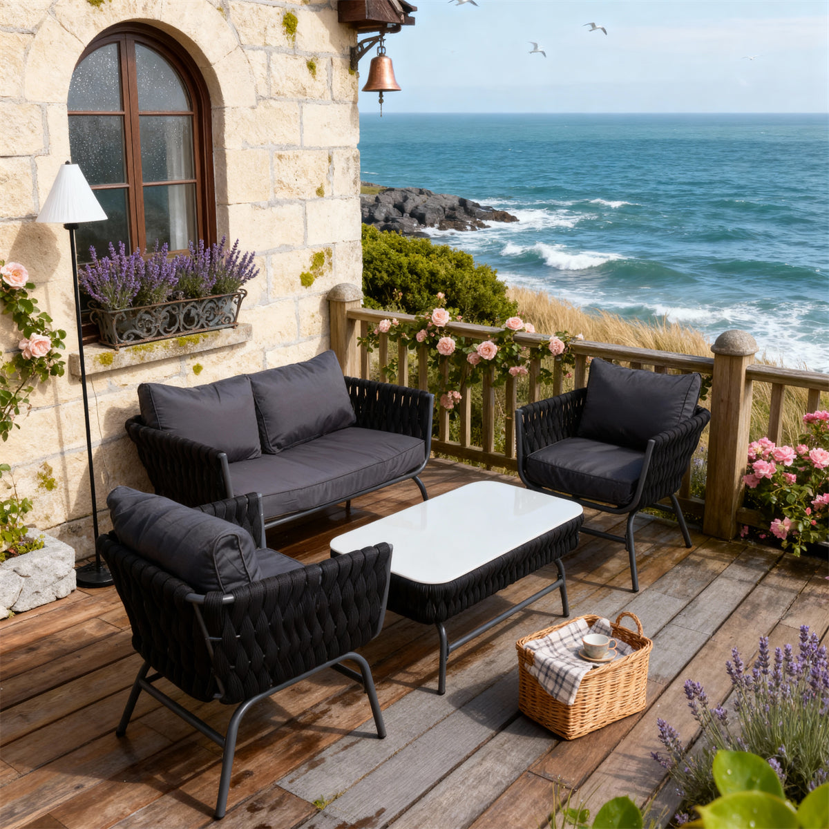 Black Woven Coastal Luxury Outdoor Lounge Set with Dark Grey Cushions & White - Top Coffee Table – Stylish Patio Furniture