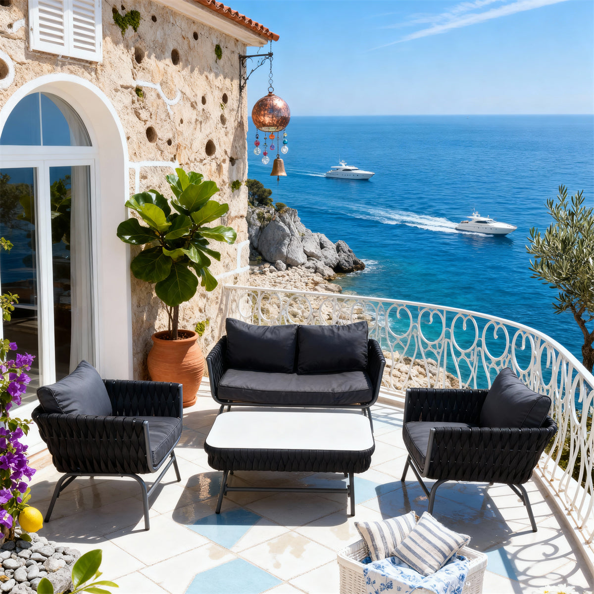 Black Woven Coastal Luxury Outdoor Lounge Set with Dark Grey Cushions & White - Top Coffee Table – Stylish Patio Furniture