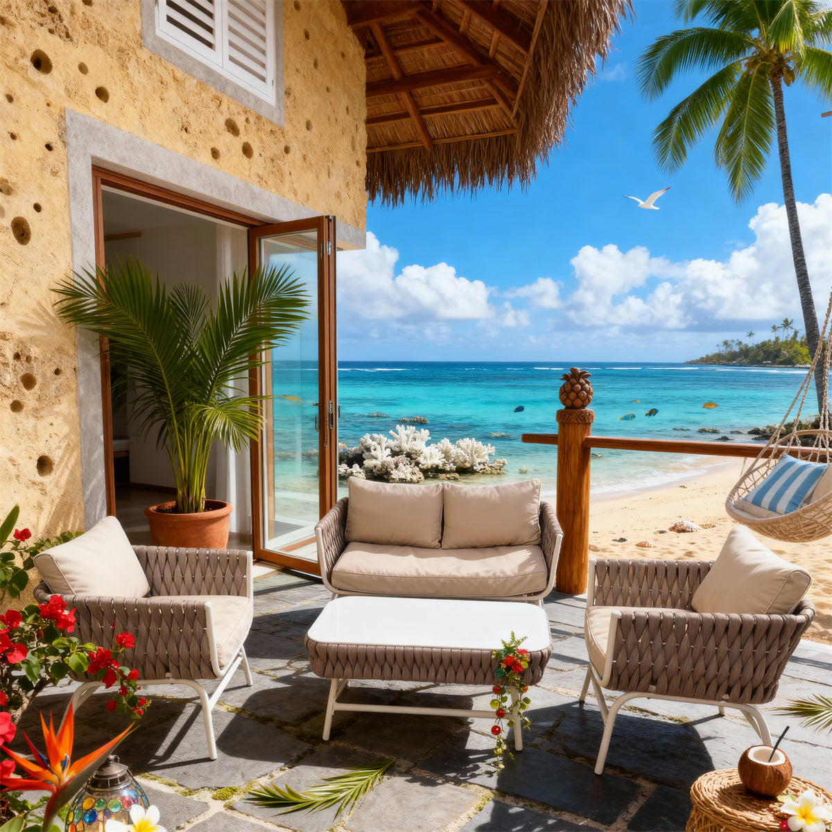 Light Brown Woven Coastal Luxury Outdoor Lounge Set with Cream Cushions & White Glass Coffee Table – Stylish Patio Furniture