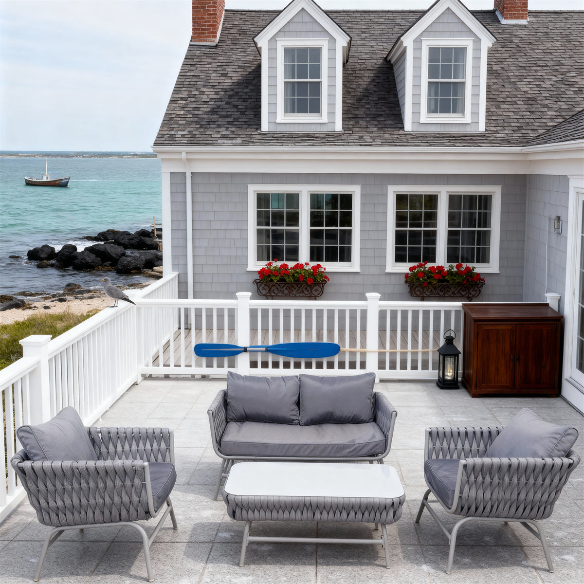 Dark Grey Woven Nordic Coastal Outdoor Lounge Set with Dark Grey Cushions & Clear Glass Coffee Table – Stylish Patio Furniture