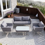 SFTZ260403 Dark Grey Woven Nordic Coastal Outdoor Lounge Set with Dark Grey Cushions & Clear Glass Coffee Table – Stylish Patio Furniture