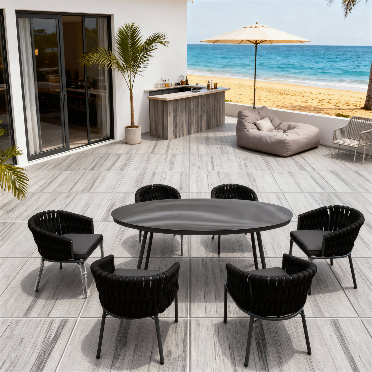 Black Woven Tropical Coastal Luxury Outdoor Dining Set with Dark Grey Cushions & Oval Glass Dining Table – Stylish Patio Furniture