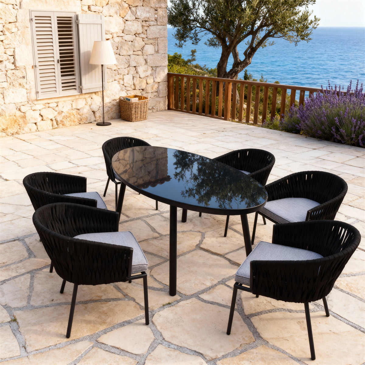 Black Woven New England Coastal Outdoor Dining Set with Light Grey Cushions & Oval Glass Dining Table – Stylish Patio Furniture