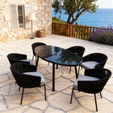 SFTZ260502 Black Woven New England Coastal Outdoor Dining Set with Light Grey Cushions & Oval Glass Dining Table – Stylish Patio Furniture