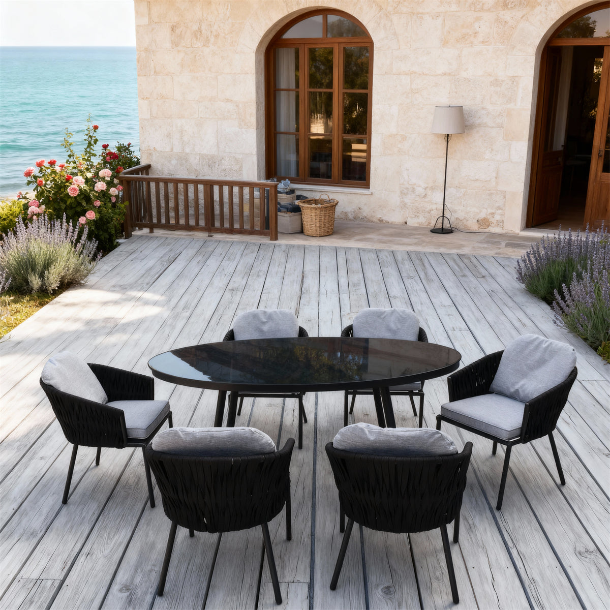 Black Woven Nordic Coastal Luxury Outdoor Dining Set with Light Grey Cushions & Black Glass Round Dining Table – Stylish Patio Furniture