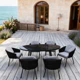 SFTZ260503 Black Woven Nordic Coastal Luxury Outdoor Dining Set with Light Grey Cushions & Black Glass Round Dining Table – Stylish Patio Furniture