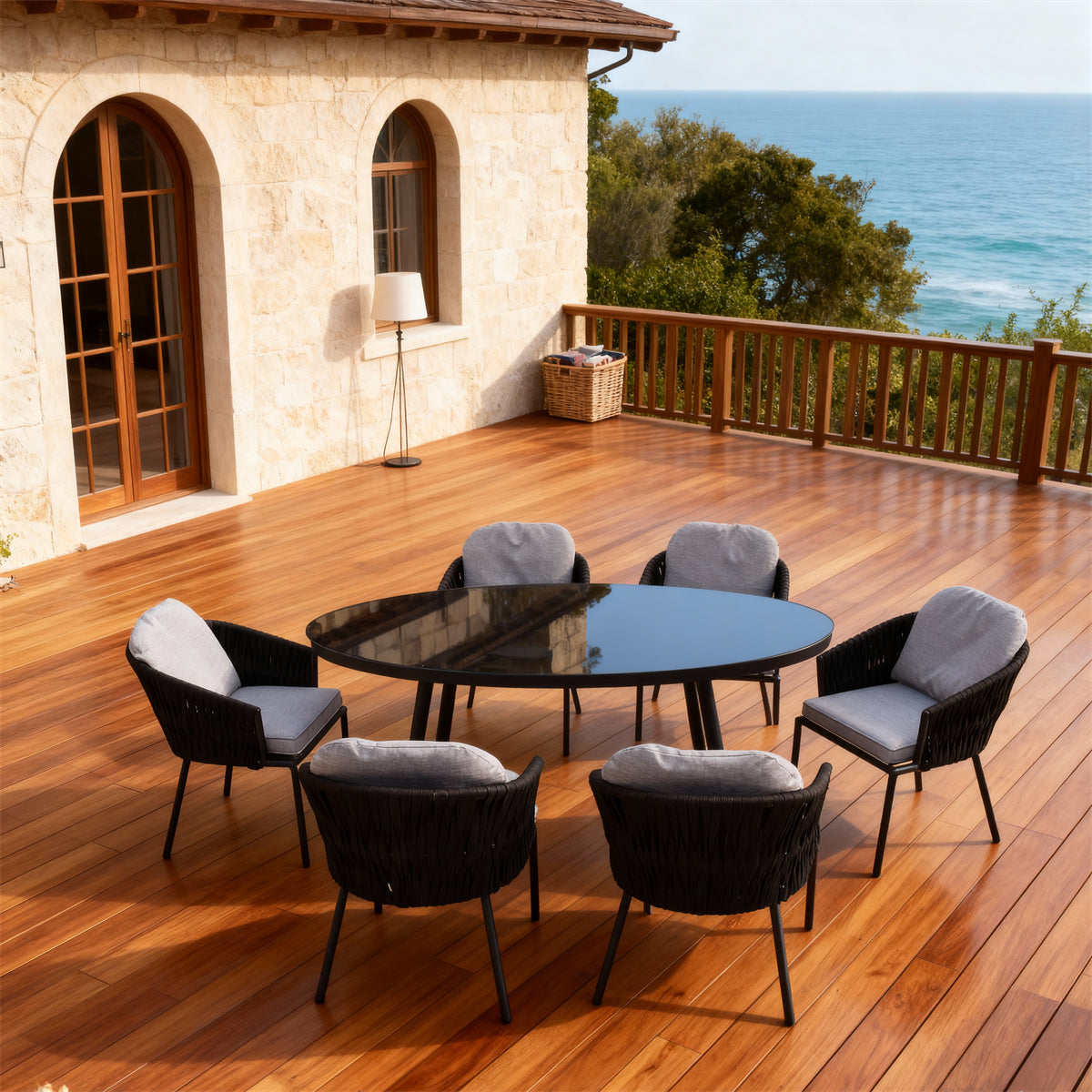 Black Woven Nordic Coastal Luxury Outdoor Dining Set with Light Grey Cushions & Black Glass Round Dining Table – Stylish Patio Furniture