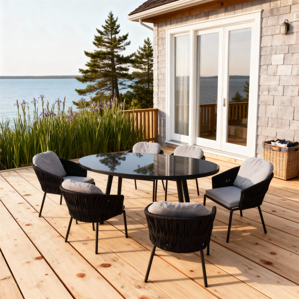 Black Woven Nordic Coastal Luxury Outdoor Dining Set with Light Grey Cushions & Black Glass Round Dining Table – Stylish Patio Furniture