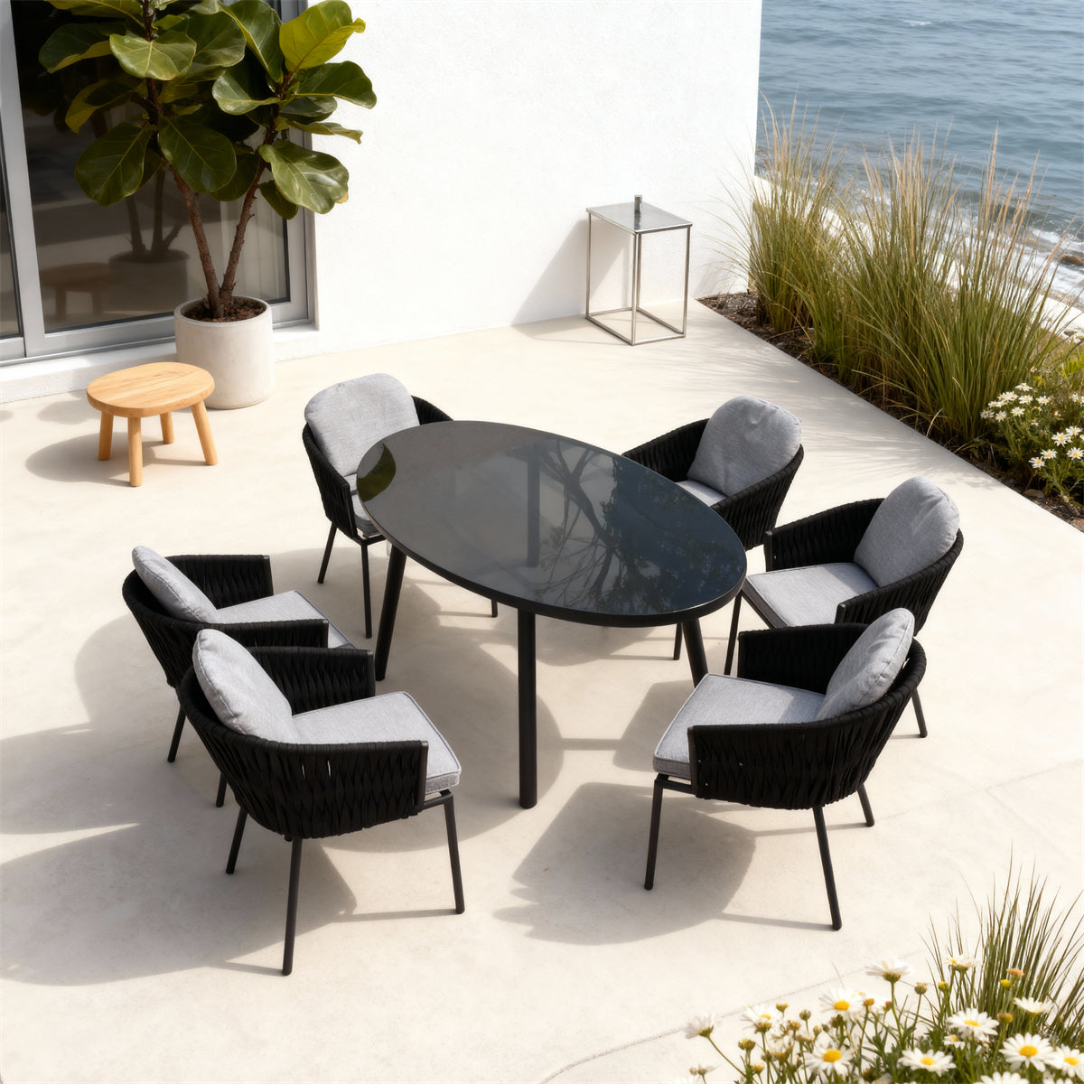 Black Woven Nordic Coastal Luxury Outdoor Dining Set with Light Grey Cushions & Black Glass Round Dining Table – Stylish Patio Furniture