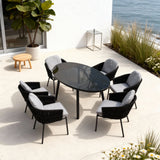 SFTZ260503 Black Woven Nordic Coastal Luxury Outdoor Dining Set with Light Grey Cushions & Black Glass Round Dining Table – Stylish Patio Furniture