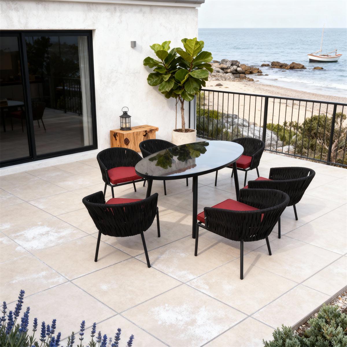 Black Woven Modern Coastal Luxury Outdoor Dining Set with Red Cushions & Black Oval Glass Dining Table – Stylish Patio Furniture