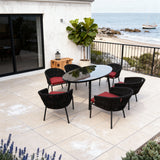 SFTZ260504 Black Woven Modern Coastal Luxury Outdoor Dining Set with Red Cushions & Black Oval Glass Dining Table – Stylish Patio Furniture