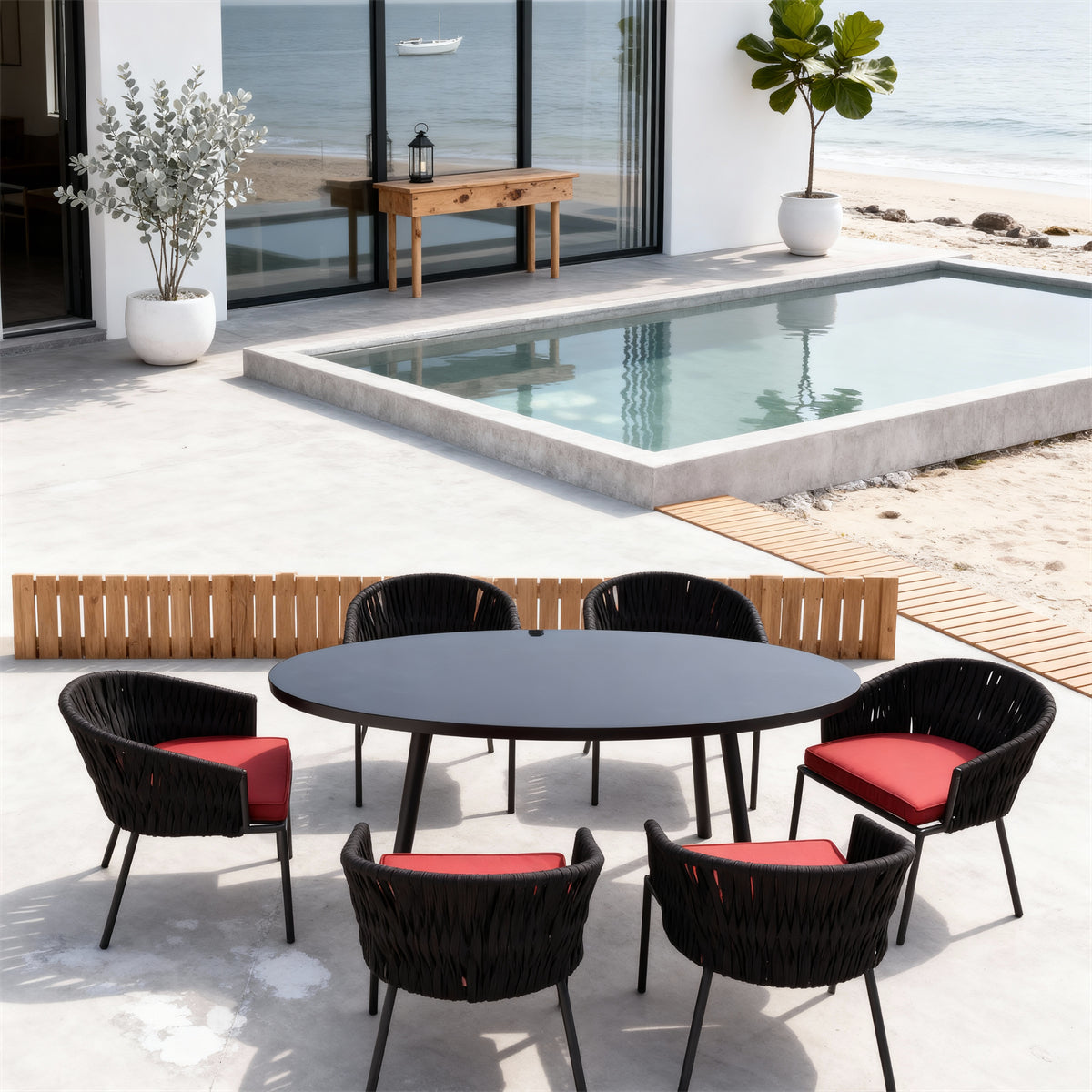 Black Woven Modern Coastal Luxury Outdoor Dining Set with Red Cushions & Black Oval Glass Dining Table – Stylish Patio Furniture