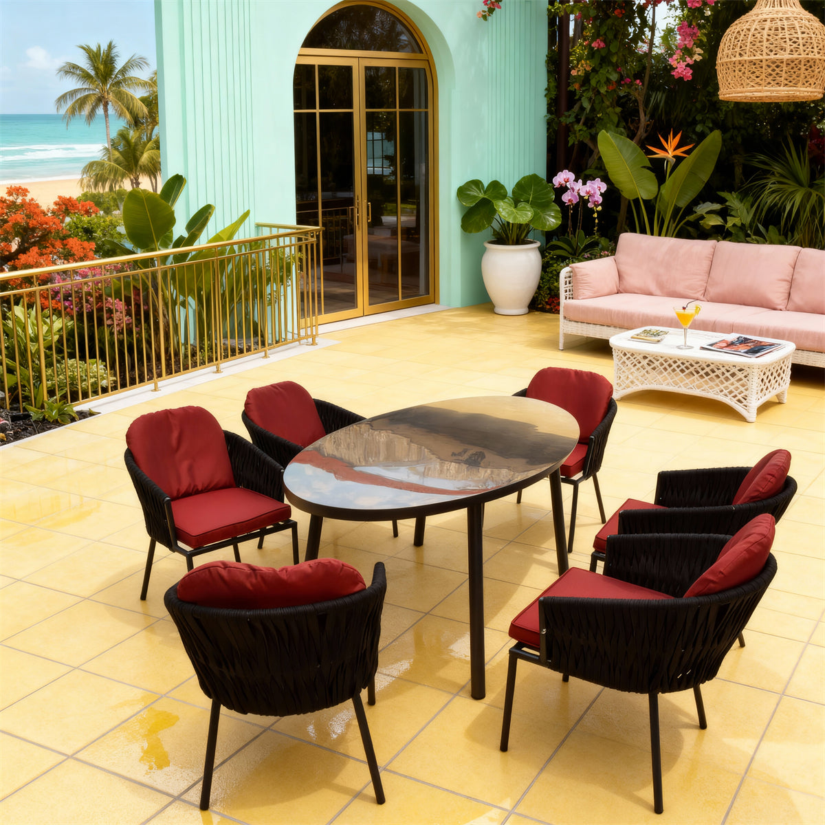Black Woven Tropical Coastal Luxury Outdoor Dining Set with Red Cushions & Artistic Glass Dining Table – Stylish Patio Furniture