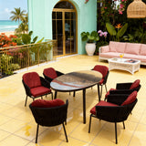 SFTZ260505 Black Woven Tropical Coastal Luxury Outdoor Dining Set with Red Cushions & Artistic Glass Dining Table – Stylish Patio Furniture