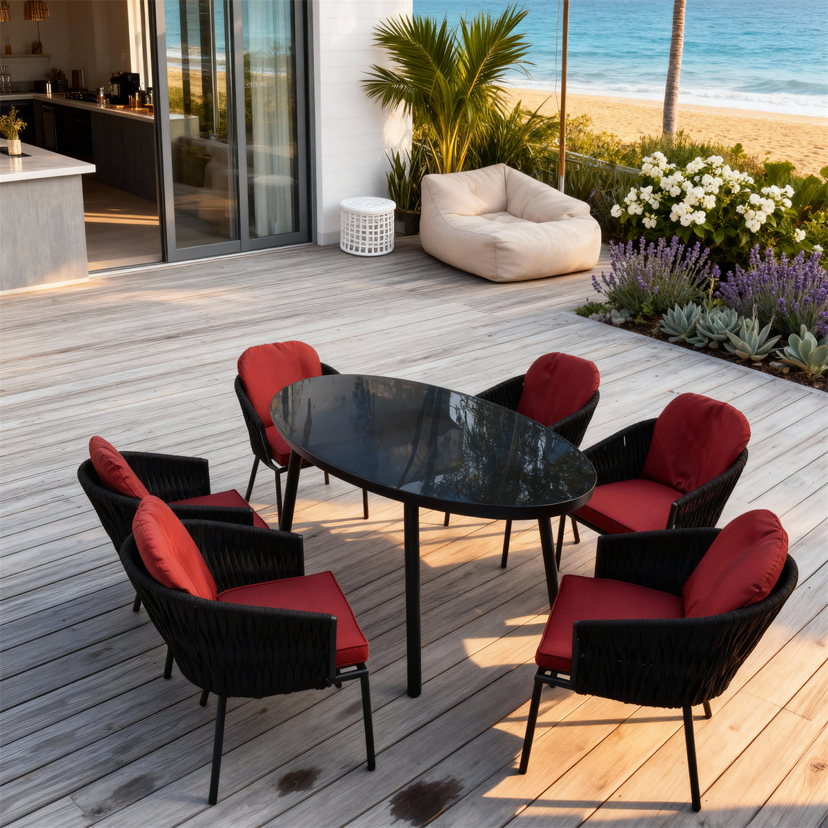 Black Woven Tropical Coastal Luxury Outdoor Dining Set with Red Cushions & Artistic Glass Dining Table – Stylish Patio Furniture