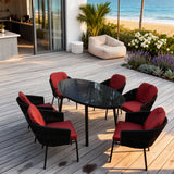 SFTZ260505 Black Woven Tropical Coastal Luxury Outdoor Dining Set with Red Cushions & Artistic Glass Dining Table – Stylish Patio Furniture