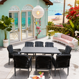 SFTZ260601 All-Black Wicker Cross-Back Outdoor Dining Set – Coastal Patio Luxury 9-Piece Social Dining Furniture Set