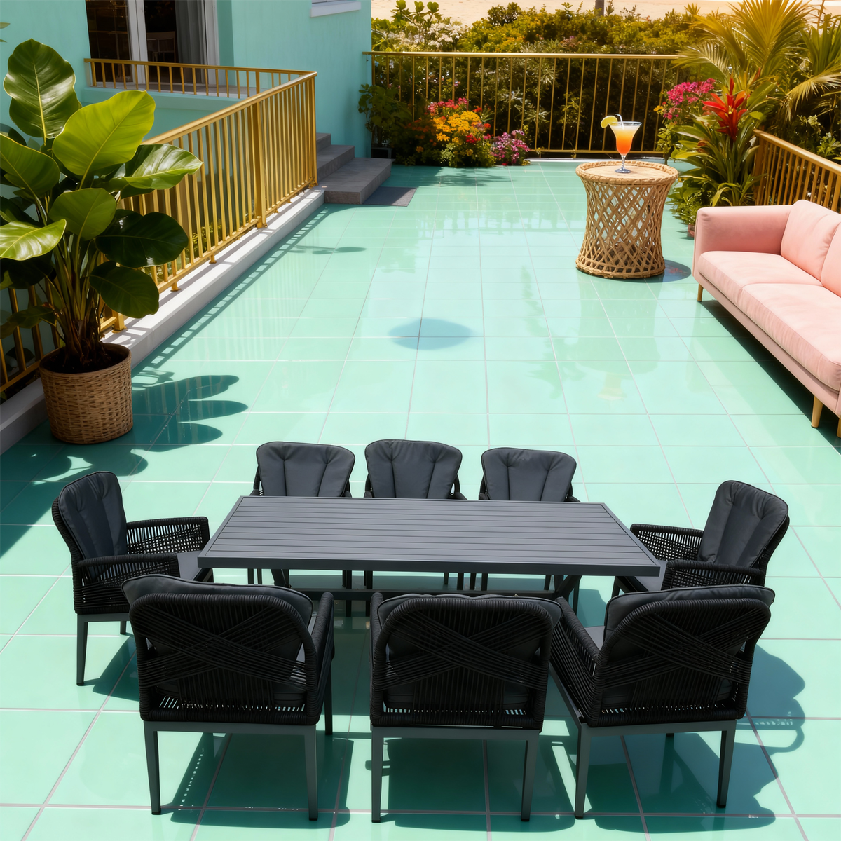 SFTZ260601 All-Black Wicker Cross-Back Outdoor Dining Set – Coastal Patio Luxury 9-Piece Social Dining Furniture Set