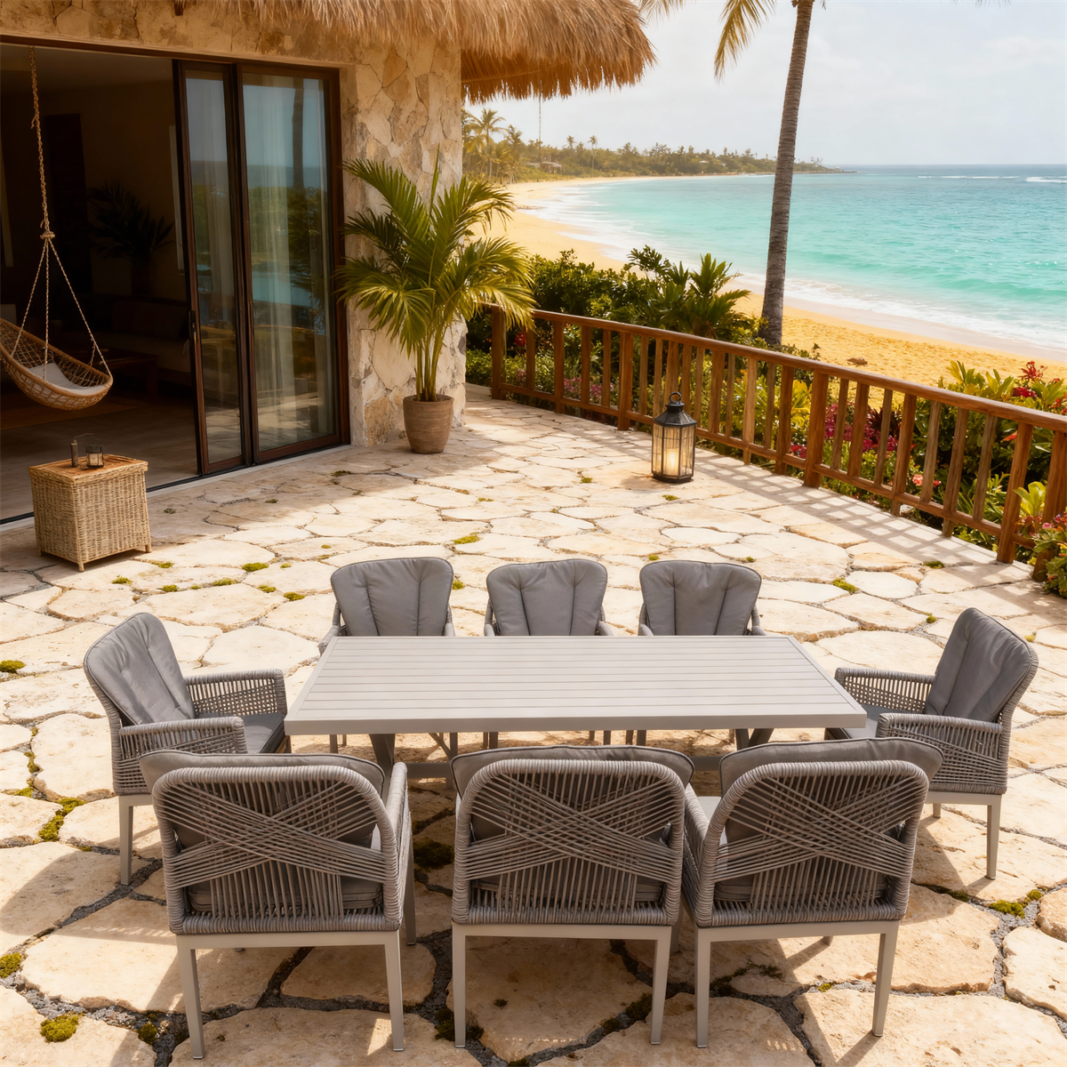 SFTZ260602 Light Grey Wicker Cross-Back Outdoor Dining Set – Caribbean Beachfront Patio 9-Piece Resort-Style Dining Furniture Set