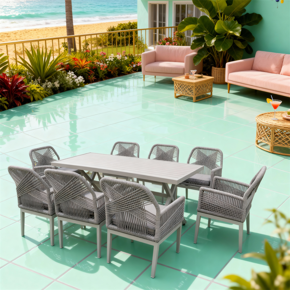 SFTZ260602 Light Grey Wicker Cross-Back Outdoor Dining Set – Caribbean Beachfront Patio 9-Piece Resort-Style Dining Furniture Set