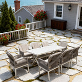 SFTZ260603 Light Grey Wicker Outdoor Dining Set with Beige Cushions – English Coastal Manor Patio 9-Piece Luxury Dining Furniture Set